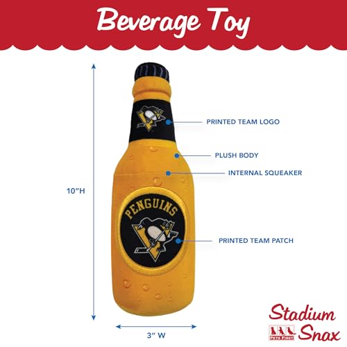 Pets First NHL Pittsburgh Penguins Beer Bottle Plush Dog & Cat Toy- Cutest Stadium SODA Bottle Snack Plush Toy for Dogs & Cats with Inner Squeaker & Beautiful Hockey Team/ Logo - color: Pittsburgh Penguins, style: NHL Beer Bottle Toy