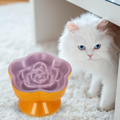 S&Q's Ceramics Raised Slow Feeder Cat Bowl, Ceramic Elevated Food Bowl Small Dogs Slow Feeder, Flower Shaped Cute Pet Dish for Dry and Wet Food (Purple, 5.8") - color: Purple