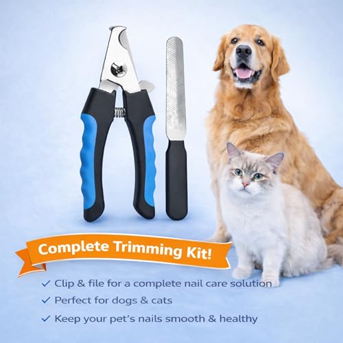 Dog & Cat Nail Clippers & Trimmers - Extra Sharp Dog Clippers with Stainless Steel Blades & Safety Guard to Avoid Overcutting - Ergonomic Cat Nail Clippers with Non-Slip Grip & Lock Feature - color: Blue