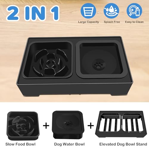 2-in-1 Elevated Slow Feeder Dog Bowls, 4 Height Adjustable Raised Dog Bowls Stand with No Spill Water Bowl, Non-Skid Pet Food Feeding Set for Small, Medium, Large Dogs Cats - size: Slow Feeder