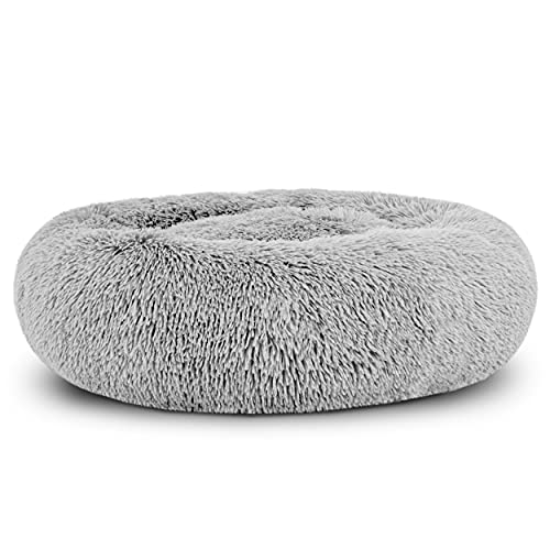 The Dog’s Bed Calming Donut Dog Bed, Plush Faux Fur Round Cuddler Nest – CertiPUR-Certified Foam, One-Piece Design, Raised Bolster – Silver Grey, Small 23"
