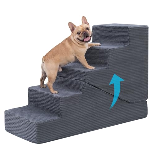 Dog Ramp for Bed Couch, 25.6" H Dog Stairs for Small Dogs | 2 in 1 Transformable 5-Step Pet Steps for Bed, Foldable Cats Ramp to Get on Bed, Non-Slip Balanced, Grey - size: 15.7 X 35.3 X 25.6 In