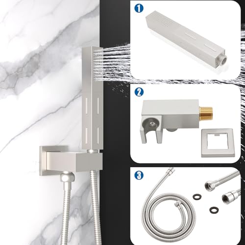2 Settings Models Handheld Shower Head Sprayer High-Pressure with 59" Long Flexible Hose, Square 2 in1 Solid Brass Adjustable Shower Wand Replacement Kit, Brushed Nickel - color: Brushed Nickel