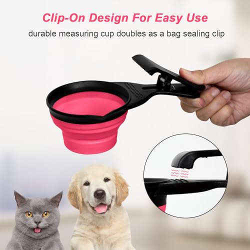 Collapsible Dog Food Scoop Foldable Pet Food Bag Clip 3 in 1 Multi-function Silicone Cat Food Measuring Cup Scoop Dog Food Scooper Pet Food Storage Clip (Rose Red, 2 Cup Capacity(1 Pack)) - color: Rose Red, size: 2 Cup Capacity(1 Pack)
