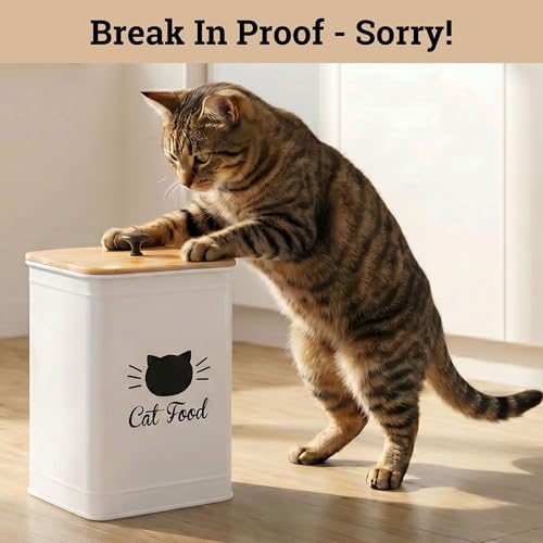 Cat Food Storage Container with Scoop - 5-7 lb (25 Cup) Capacity Metal Cat Food Container with Airtight Bamboo Lid and Metal Scoop - Airtight Pet Food Storage Containers 5 lb - 7 lb Kibble Container - color: White