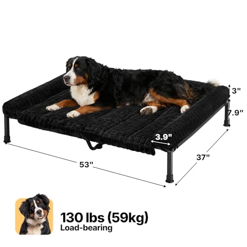 Veehoo Elevated Dog Beds Large Sized Dog with Fluffy Plush Bolster Cushion, Washable Orthopedic Dogs Couch Bed, Raised Pet Cot with Removable Mat, Breathable Mesh, No-Slip Feet, 53 x 37 inches, Black - color: Black, size: 53"L x 37"W x 7.9"Th