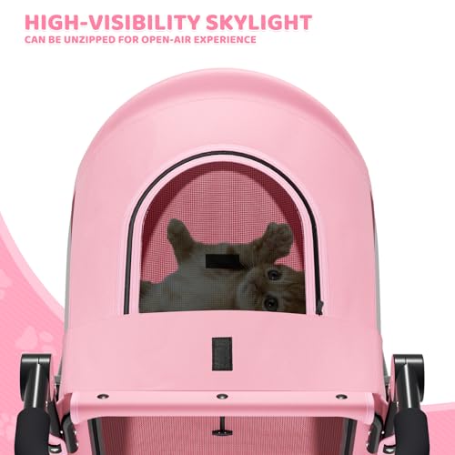 Magshion Pet Stroller for Medium Dogs w/Adjustable Handle, 3-Wheel Dog Cat Wagon w/Dual Entry, Rear Storage, Breathable Mesh, One-Foot Brake, Ideal for Large Pets up to 55 lbs, Pink - color: Pink, style: Up to 55 lbs