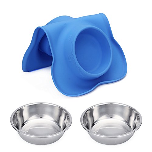 Hubulk Pet Dog Bowls 2 Stainless Steel Dog Bowl with No Spill Non-Skid Silicone Mat + Pet Food Scoop Water and Food Feeder Bowls for Feeding Small Medium Large Dogs Cats Puppies (Medium, Blue) - color: Blue, size: Medium