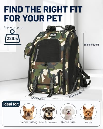 Dog Backpack Carrier with Ergonomic Support, Padded Straps and Ventilation, Hiking Pet Backpack with Safety Tethers, Reflective Trim and Waist Support, Up to 22lbs