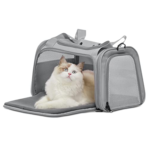 PETSFIT Cat Carrier Airline Approved, Soft Carrier for Small and Medium Cats Under 12 Lbs, Soft Cat Travel Bag, Kitten Carrier with Extendable Mat, Grey - color: Grey, size: Medium