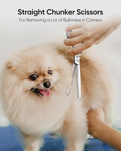 ULG Curved Dog Shears for Grooming, 7 Inch Professional Straight Chunker Dog Grooming Scissors for Trimming and Cutting, Japanese Stainless Steel Pet Hair Scissors, 65%-75% Thinning Rate - size: 7.0 Inch (Chunker)