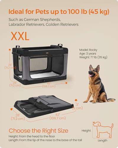 Feandrea Collapsible Dog Crate, 42-Inch Portable Dog Travel Crate for Large Dogs, Oxford Fabric Pet Carrier with 4 Mesh Doors, Handles, Storage Pocket, Water Bottle Holder, Ink Black UPDC021B01 - size: XXL(42"L x 28"W x 28"H)