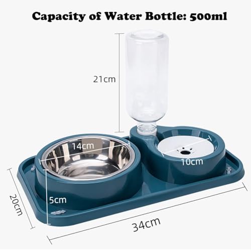 Love Dream Double Dog Cat Bowls, 2 in1 Pet Water and Food Bowl Set with Automatic Gravity Water Dispenser Bottle Detachable Stainless Steel Bowl No-Spill for Cats and Dogs Puppy Kitten Rabbit - color: Blue, size: Capacity Water Bottle: 500ML