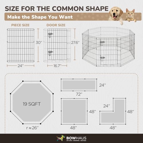 BOWHAUS Foldable Outdoor/Indoor Pet Playpen with Gate, Available in 30 Inch Height Metal Portable Kennel, Heavy-Duty Exercise Fence Cage 8 Panels for Medium Dog, Animals - style: 30 Inch