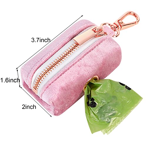 ARING PET Velvet Dog Waste Bag Dispenser, Pink Doggy Poop Bags Holders Attach to Any Leashes, Portable Washable Pet Waste Pouch Dispenser with Metal Zipper - color: A:pink