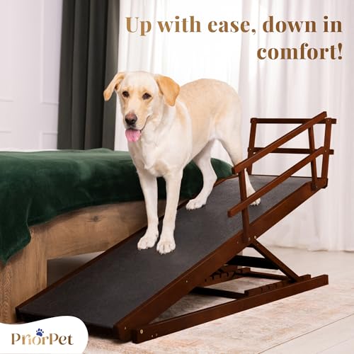 Dog Ramp for Bed with Safety Rails for High Beds up to 37" – Extra Wide 19.5" Adjustable Dog Bed Ramp for Large Dogs up to 200 lbs – Solid Birchwood, Non-Slip Rubber Surface, Foldable Design – Walnut - color: Walnut