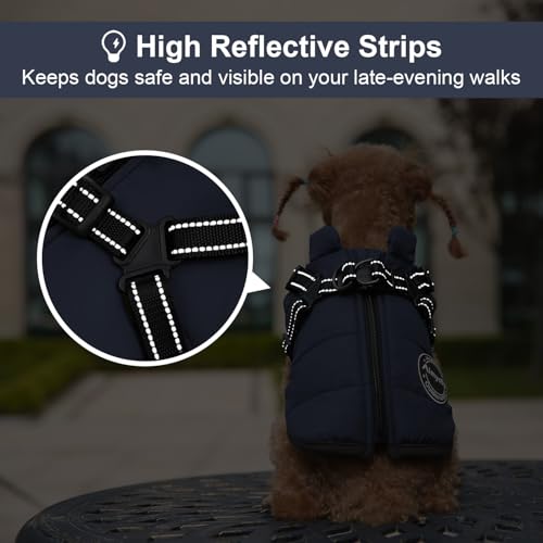 Dog Winter Coat, Warm Dog Jacket Reflective Adjustable Fleece Vest with Harness Built in,Windproof Pet Snow Jacket Snowsuit with Zipper for Small Medium Dogs, Navy Blue XS - color: Blue, size: X-Small