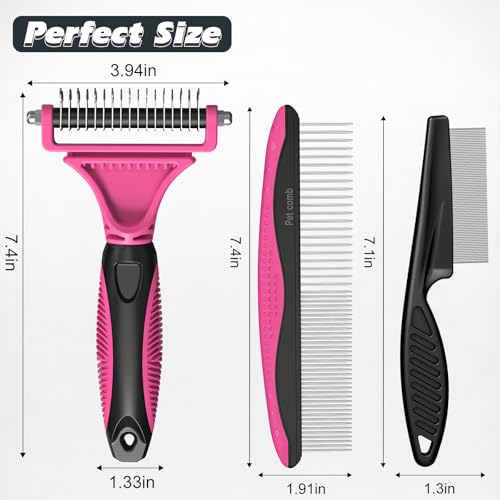 3PCS Pet Grooming Rake & Metal Comb & Flea Comb for Cats and Dogs, Double-Sided Dematting Tool, Extra-Wide Deshedding Dog Brush for Long Hair to Effectively Remove Tangles, Knots and Mats (Pink) - color: Pink