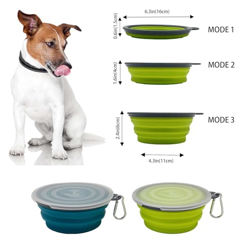 Medium Collapsible Dog Bowl 23oz,2 Pack Portable and Foldable Pet Travel Bowls with 2 Carabiners & Lids for Dogs Cats and Small Animals (Blue+Green+Grey, 650ml)