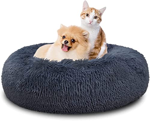 SAVFOX 30 inches Calming Donut Dog Bed - 3X Durable Plush Faux Fur, Machine Washable & Non-Slip, Fits up to 45 lbs, Dark Grey - color: Dark Grey, size: Medium | 30"x30"