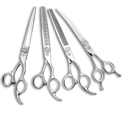 Polished Dog Grooming Scissors Set with Simulation Diamond 440C Stainless Steel Thinner Curved Straight Chunker Shears with Comb 8''