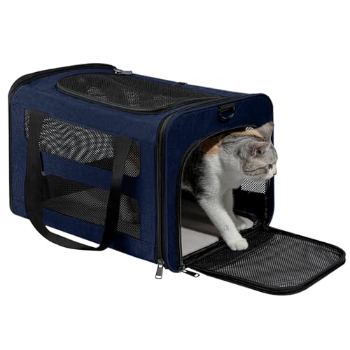 Cat Carrier Soft-Sided Travel Bag for Medium to Large Cats Over 15lbs, Small Dog Carrier Crate Top Entry Breathable Mesh Puppy 12 Pounds, Pet Rabbit Carrying Cage Kennel Collapsible Navy - color: Navy