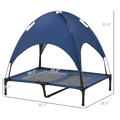36" Ventilated Mesh Sofa Bed, Comfy Lounge Sofa with Shade Canopy, Fluffy Upholstered Dog Couch with Raised Frame for Outdoor Pet Leisure, Black,Dark Blue - color: Black,dark Blue