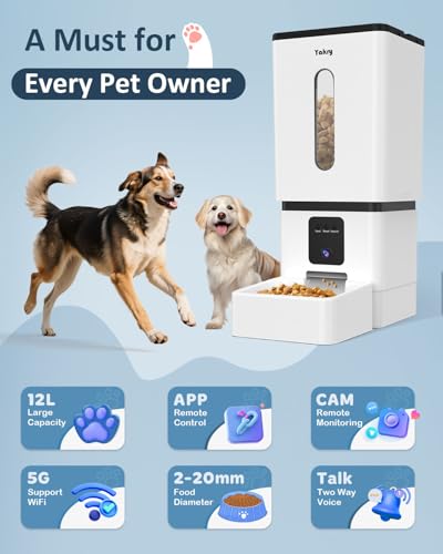 Automatic Dog Feeder Large Breed with Camera - 12L/50 Cups Anti-Clog Dog Food Dispenser for Kibble up to 20mm/0.78 in - WiFi App Scheduling & HD 1080P Camera for Remote Mealtime Check-Ins by Yakry - size: 12L