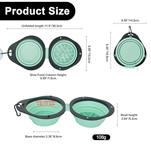 2-in-1 Green Collapsible Dog Bowls with Carabiner | Foldable Water Bowl(320ml) Foldable Slow Food Bowl(130g) for Dogs Cats Travel Hiking Camping - color: Green