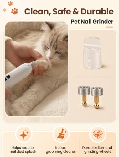 Dog Nail Grinder, Quiet 6-Speed Electric Pet Nail Trimmer with Upgraded Motor, 2 LED Lights, LCD Display, Type-C Charging, 1200mAh Battery, 3 Diamond Grinding Wheels for Dogs and Cats