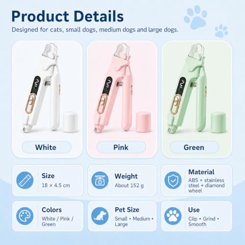 2-in-1 Dog Cat Nail Clippers & Grinder with LED Light, Pet Nail Trimmer with Splash Guard & Safety Lock, 2 Speeds USB Rechargeable Quiet Paw Nail Cutter for Large Medium Small Dogs Cats (White) - color: White