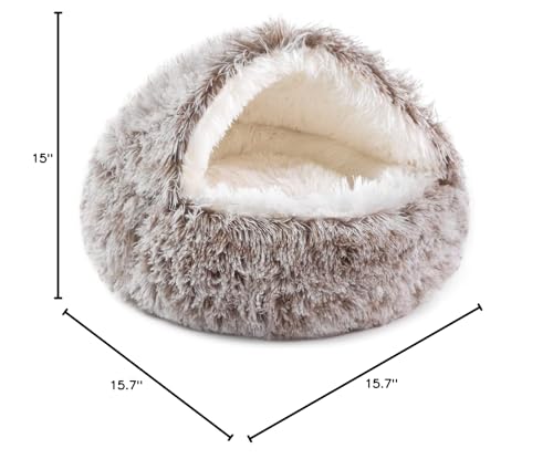 NOYAL Round Hooded Donut Dog Bed for Small & Medium Pets - Plush Fluffy Anti-Anxiety Cat Cave Bed with Cover - color: Gradual brown, size: X-Small 15.7''