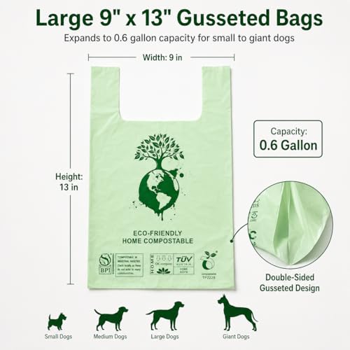 Home Compostable Dog Poop Bags, BPI & OK Compost HOME Certified | 0.6 Gallon, Thick Gusseted Unscented, 80ct, LeakProof T-Shirt Handles for Easy Knotting, Suitable for Small Medium Large Dogs
