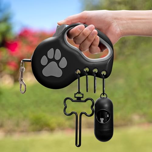 Retractable Dog Leash for Large & Extra Large Dogs (Up to 110lbs) - Customizable, Patented, Reflective Design, Ergonomic Handle, Includes Hooks & Poop Bag Holder & Dispenser - Black - color: Black, size: L/XL - Up to 110 Lbs