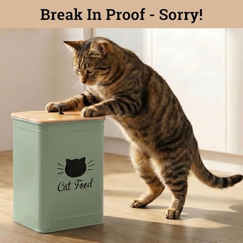 Cat Food Storage Container with Scoop - 5-7lb (25 Cup) Capacity Metal Cat Kibble Canister with Airtight Bamboo Lid and Metal Scoop - Airtight Pet Food Storage Containers 5 lb - 7 lb Kibble Container - color: Sage Green