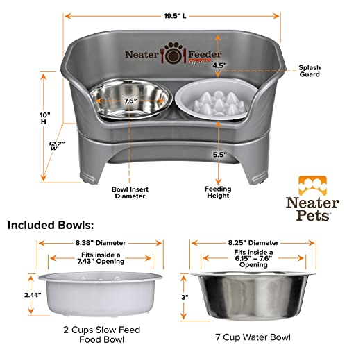 Neater Feeder Express Mess Proof Dog Bowls Elevated for Medium and Large Breed – Made in USA – No Spill Raised Slow Feeder Elevated Dog Bowl Stand, Slow Feed Food and Water Bowl Set, Grey - color: Gunmetal Grey, size: Medium to Large w/ 9 Peak Slow Feed B