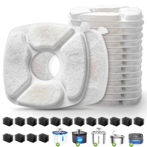 32 Pcs Cat Water Fountain Replacement Filters-16 Pack Cat Fountain Filters with 16 Pack Sponges, Enhanced Compatibility Pet Fountain Filter Fit for 95oz/2.8L 135oz/4L 67oz/2L Pet Drinking Fountain