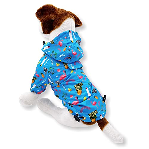 Dog Raincoat Hooded Leash Hole Waterproof Rain Coat Jacket Rainwear for Small Pet Cat Puppy (S: Length - 12", Blue Flamingo) - color: Blue Flamingo, size: S: Chest - 15", Length - 12"