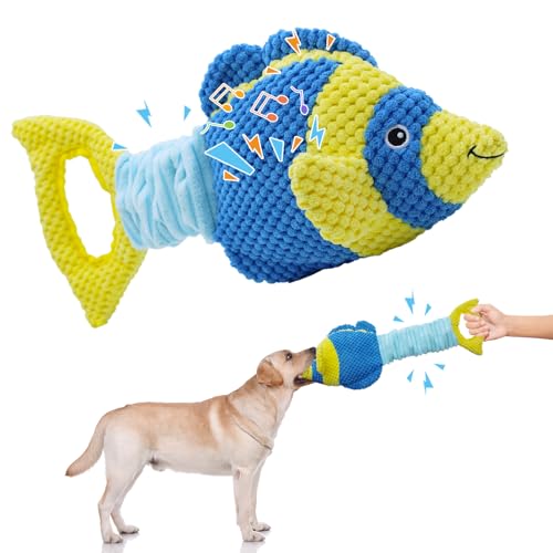 YZHDUXIU Fish Dog Squeak Toys, Elastic Band Tug of War Dog Toy with Crinkle | Plush fish with squeaker & crinkle fins; stretchy elastic band; soft PP cotton; gentle on teeth; for puppies medium adults - color: Blue Yellow Fish