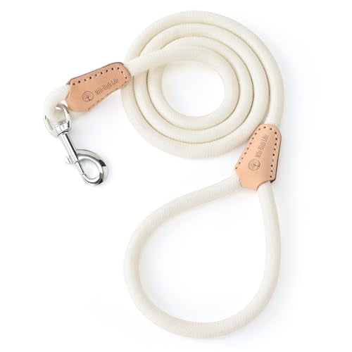 Mile High Life White Dog Leash with Genuine Leather Connection, 4/5/6 FT | Rope Leash, Heavy Duty 360° Swivel Metal Clasp, for Small Medium & Large Dogs (Cream White, 48 Inch) - color: Cream White, size: 48 Inch-1/2"