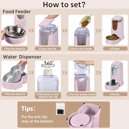 2 Pack Automatic Cat Feeder and Stainless Steel Water Dispenser, Gravity Dog Waterer Set Food Feeder and Waterer Set for Small Medium Kitten Puppy Pets(1 Gallon x 2, Violet) - color: 1 Gallon x 2 - Violet