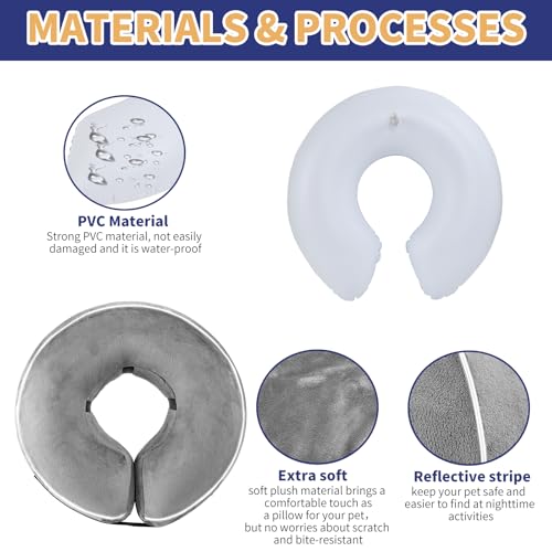 Inflatable Reflective Dog Cone Collar Alternative After Surgery,Doggie Recovery Dount Neck Ecollar,Adjustable Soft Dog Cone Collar for Small Medium Large Dogs (Grey, L) - color: Grey, size: Large(14"-16")