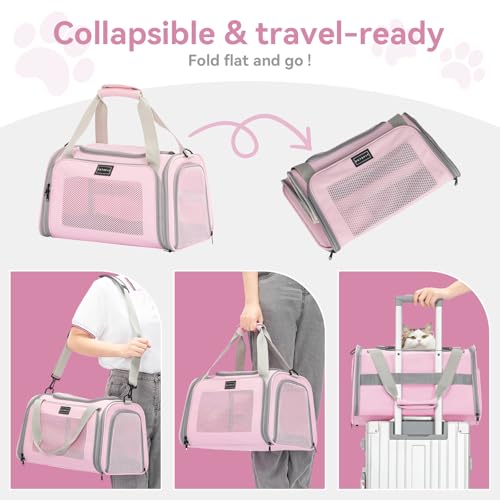 Airline Approved Cat Carrier 17.5ร10.5ร10.5 in, Escape-Proof Design with Locking Zippers & Safety Leash, Easy-Access 3-Way Entry, Washable Mat, Gift-Ready Holiday Choice for Cats up to 12 lb - color: Pink, size: Medium