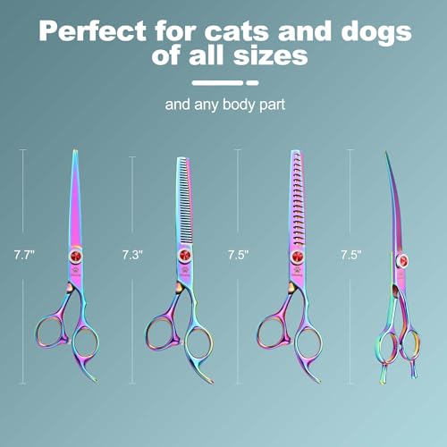 GLADOG Pro Rainbow 7 Inch Professional Pet Grooming Scissors Kit, 6-in-1 Dog Scissors, Titanium Coated, Stainless Steel, Right Handed, 5 Count - style: Pro Rainbow