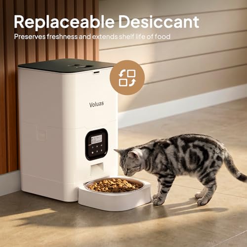 VOLUAS Automatic Cat Feeders - Pet Food Dispenser for Dry Food, Timed Cat Feeder with Desiccant Bag, Programmable Portion Size Control 4 Meals Per Day, 10s Voice Recorder | Programmable Portion Control, Up to 4 Meals Daily, Dual Power Supply, Power-Off Me