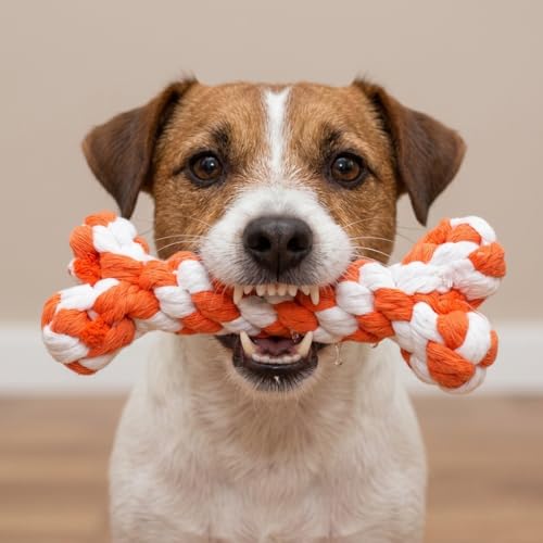 Bone-Shaped Dog Rope Chew Toy, Orange & White | Bone-Shaped Chew Toy, Durable Cotton Rope, For Teething, Training, Interactive Play, Small to Medium Dogs