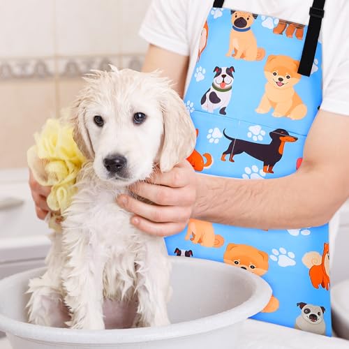 Dog Grooming Waterproof Apron with 2 Pockets, Cute Animals Puppy Dog Pets Apron - style: Blue Pet Dog