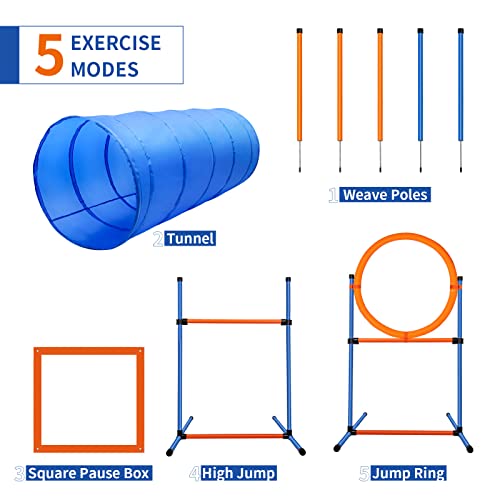 Dog Agility Training Equipment, 60-piece Dog Obstacle Course Training Starter Kit Pet Outdoor Game with Tunnel, Agility Hurdle, Weave Poles, Jump Ring, Pause Box, Toy Balls and Storage Bag - size: 5 PCS SET with Tunnel