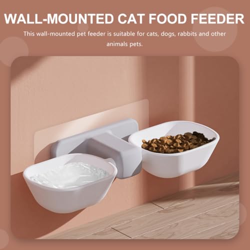 LALAFINA Wall-Mounted Cat Double Bowl Pet Feeder with Water and Food Containers, White Plastic Feeding Station for Cats and Small Dogs, Space-Saving Wall Holder for Home Use