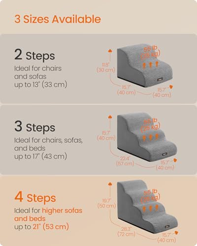 Feandrea 4-Step Dog Stairs, Dog Steps for Bed, Sofa, Waterproof Pet Stairs with Anti-Slip Designs, Gentle Slope, Removable Washable Cover, Handle, Dove Gray UPPS004G01 - size: 4-Step